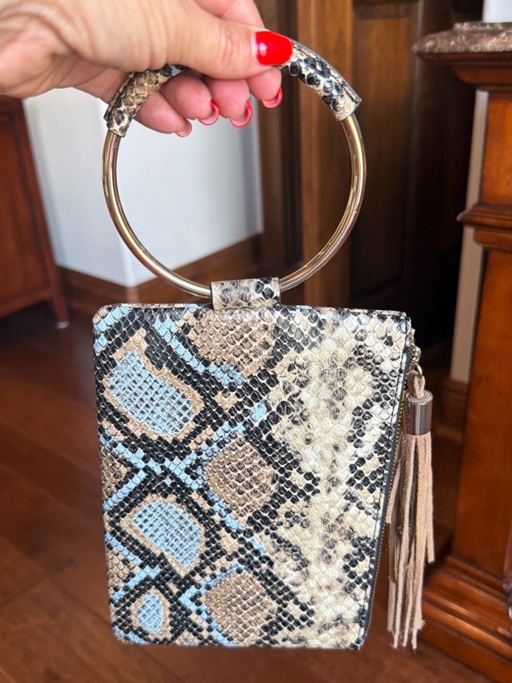 INC International Concepts Blue and Taupe Snake-Print Ring Handle Clutch
